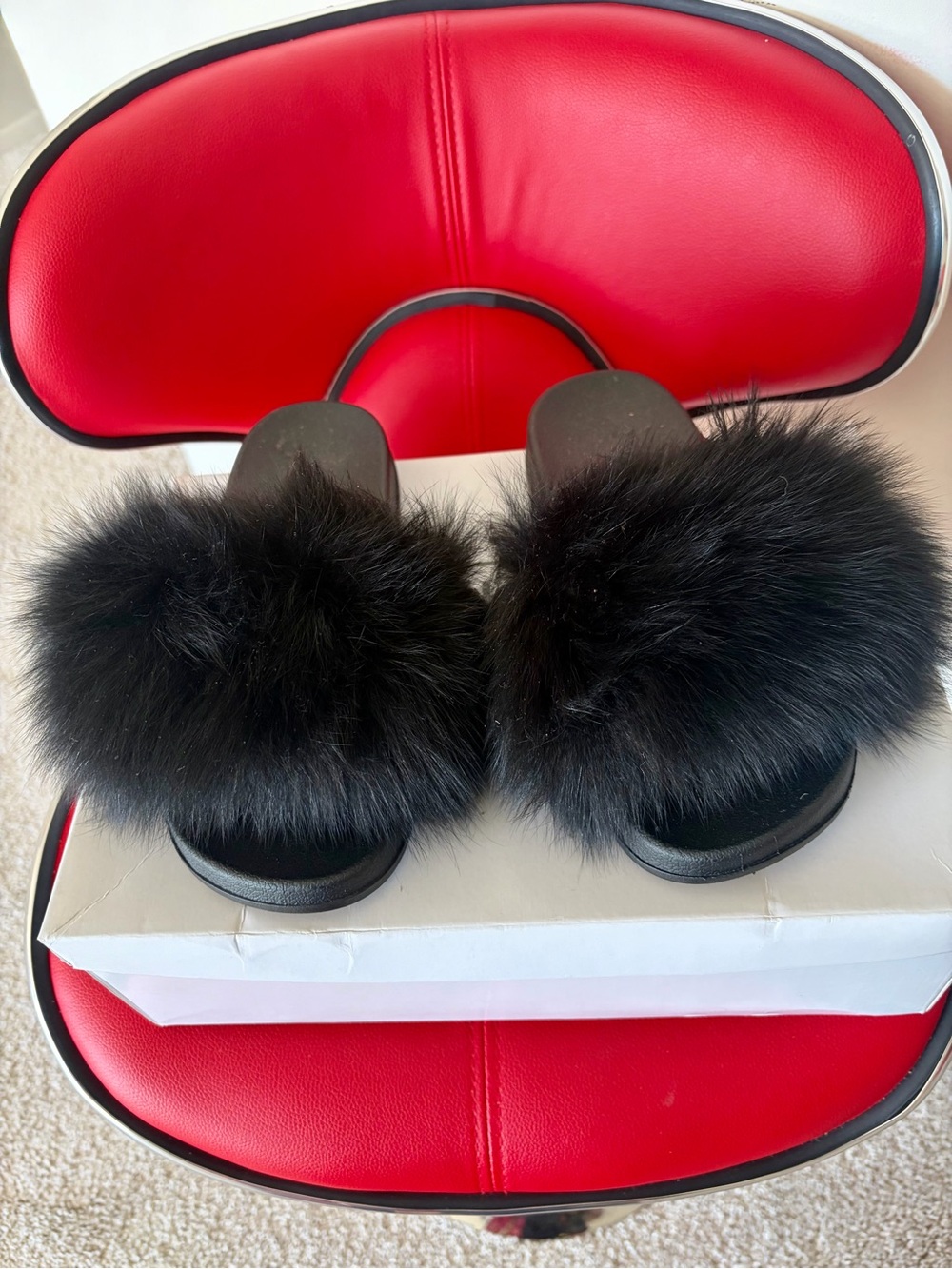 Black Faux Fur Slide Sandals - Women